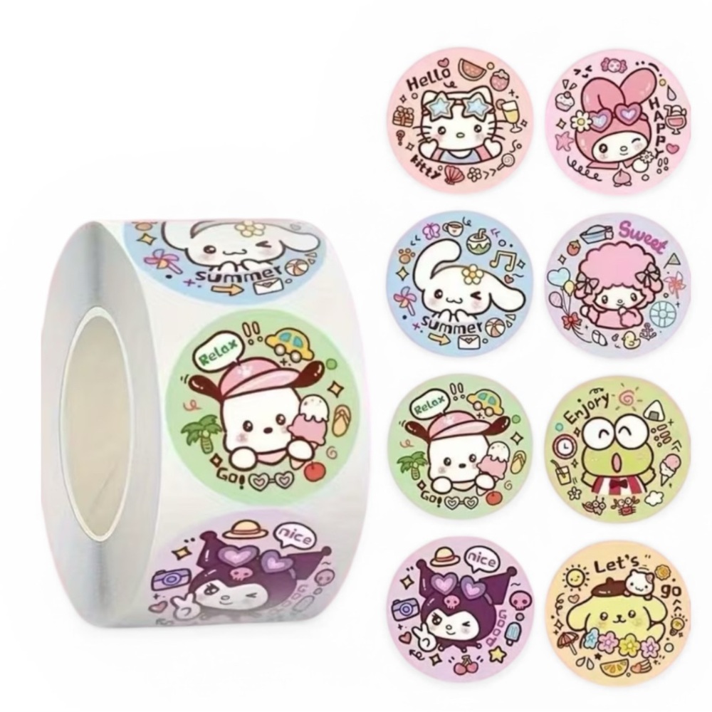 Cute Pastel Character Sticker Roll - Assorted Kawaii Circles